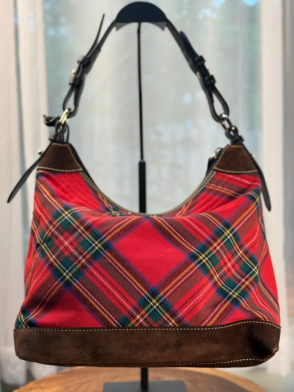Dooney & Bourke Red Tartan Plaid Hobo Shoulder Bag Dark Brown Suede Trim EUC